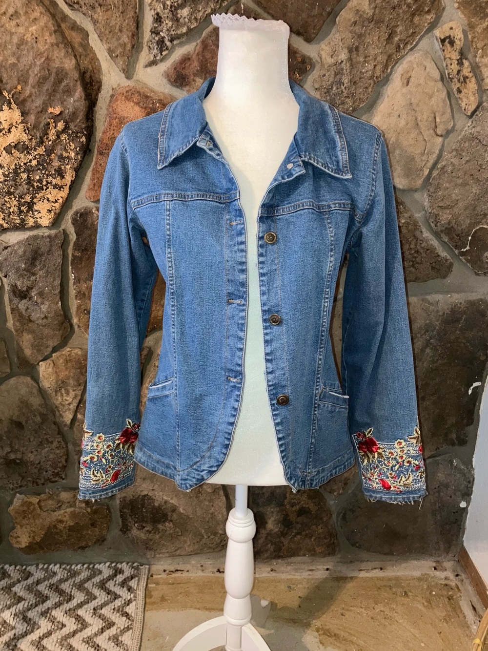 Denim&Co Blue Embroidered Cuff Jean Jacket
